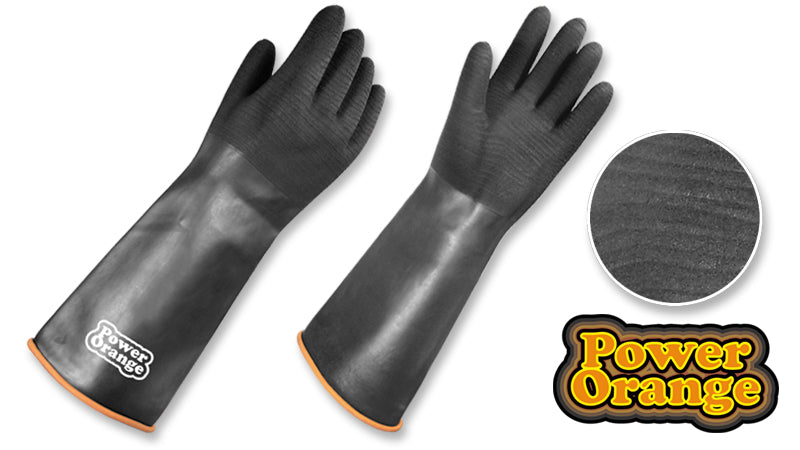 Guantes Caucho Negro Texturado • Largo: 16” • Borde Rodillo •“PowerOrange”