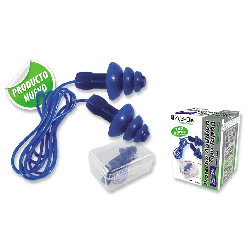 Protector Auditivo • Cordón PVC • Triple Reborde • Caja Plástica • UT NRR 26 dB