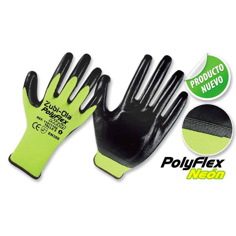Guantes Poliéster recubiertos en Nitrilo • DIP NORMAL • “PolyFlex Neón”