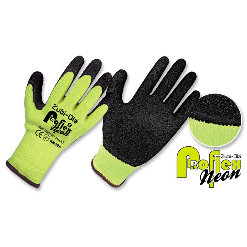Guantes Hilaza Amarillo Neón, recubiertos en Látex Corrugado • “ProflexNeón”