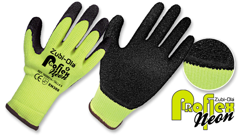 Guantes Hilaza Amarillo Neón, recubiertos en Látex Corrugado • “ProflexNeón”
