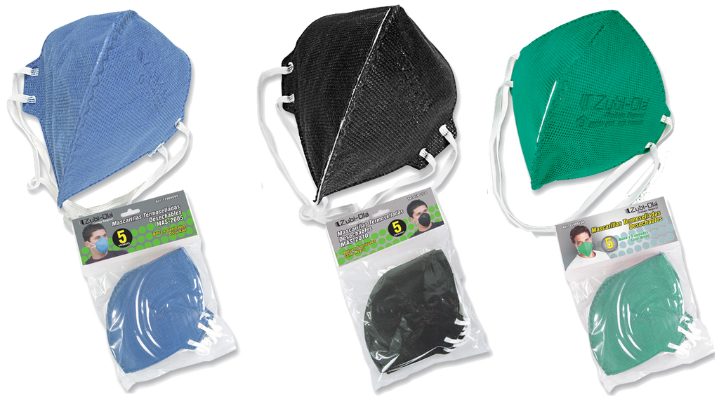 Mascarilla para polvo• Termosellada• Desechable• Bolsa x 5 unidades• 3 Colores