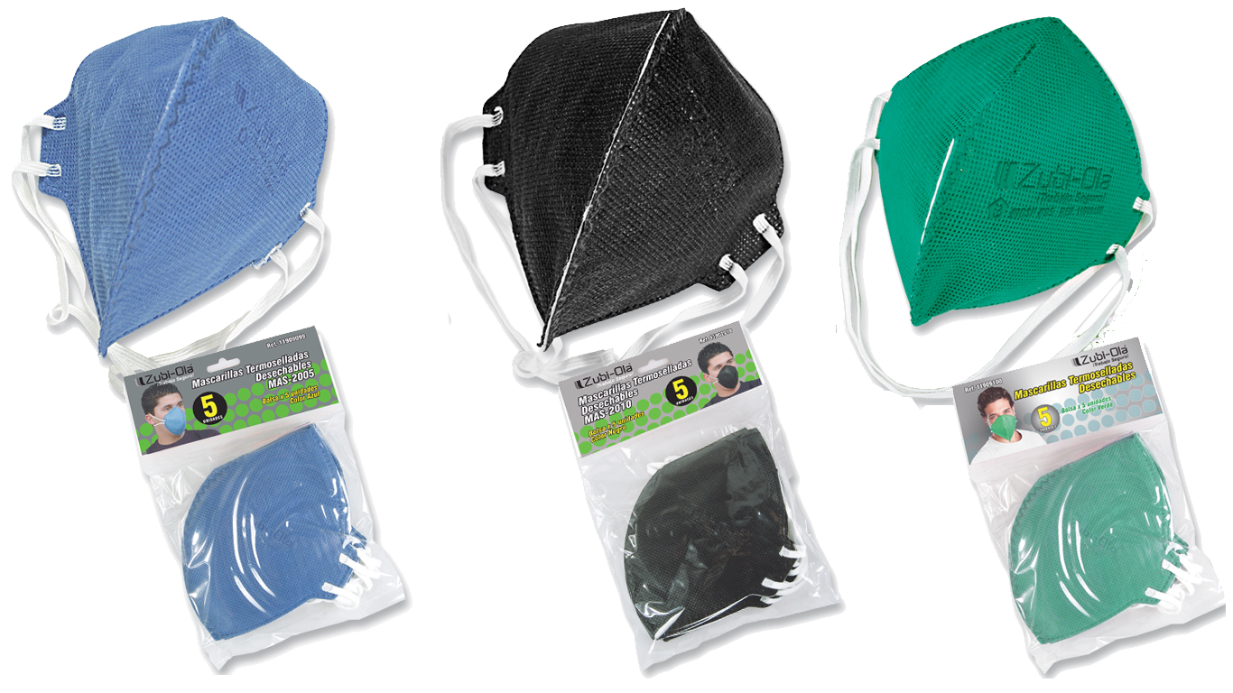 Mascarilla para polvo• Termosellada• Desechable• Bolsa x 5 unidades• 3 Colores