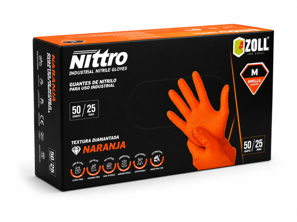 GUANTES DE NITRILO NARANJA PARA USO INDUSTRIAL (8MILLS)